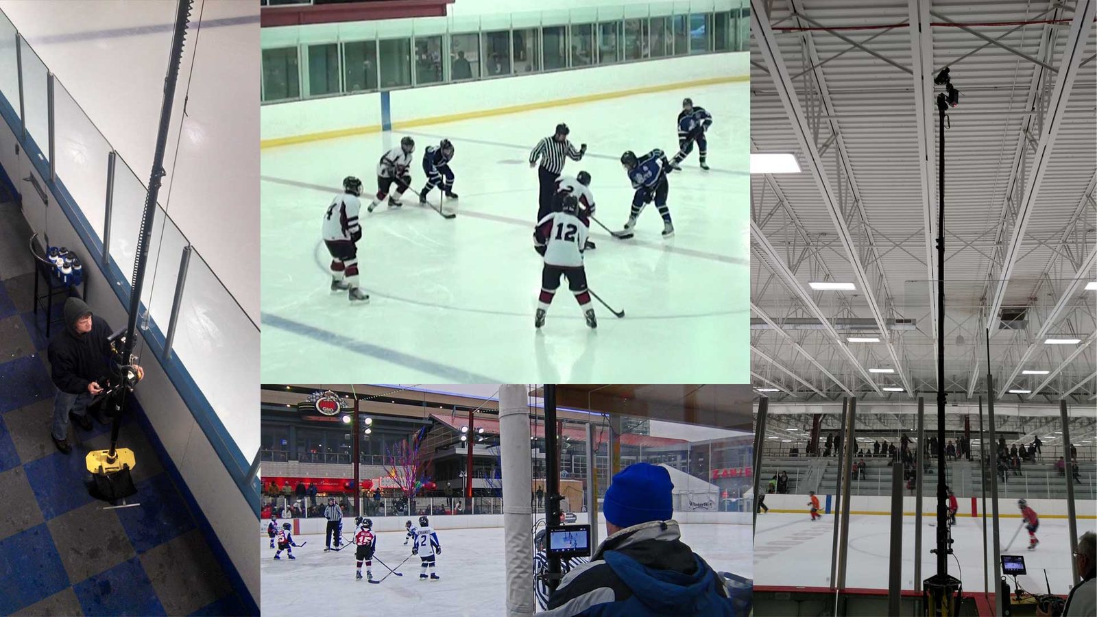Hi-pod camera setup filming a youth hockey game
